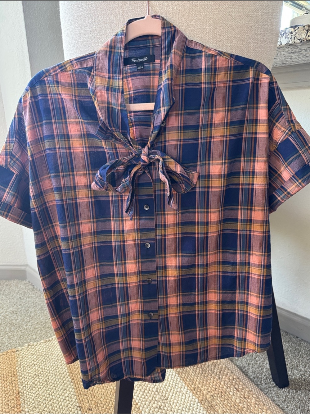 💙 Madewell Navy and Pink Plaid Top with Feminine Tie Neck 🩷